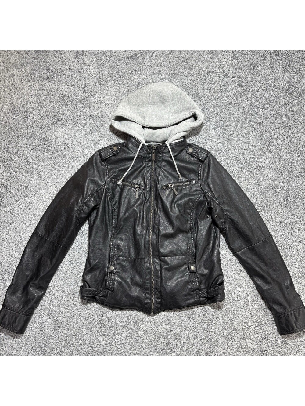J2 Leather Jacket Womens Large Black Full Zip Removable Hood Faux Fur Lining